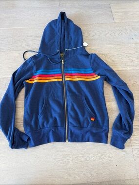 Aviator Nation Navy Zip Hoodie with Rainbow Stripes